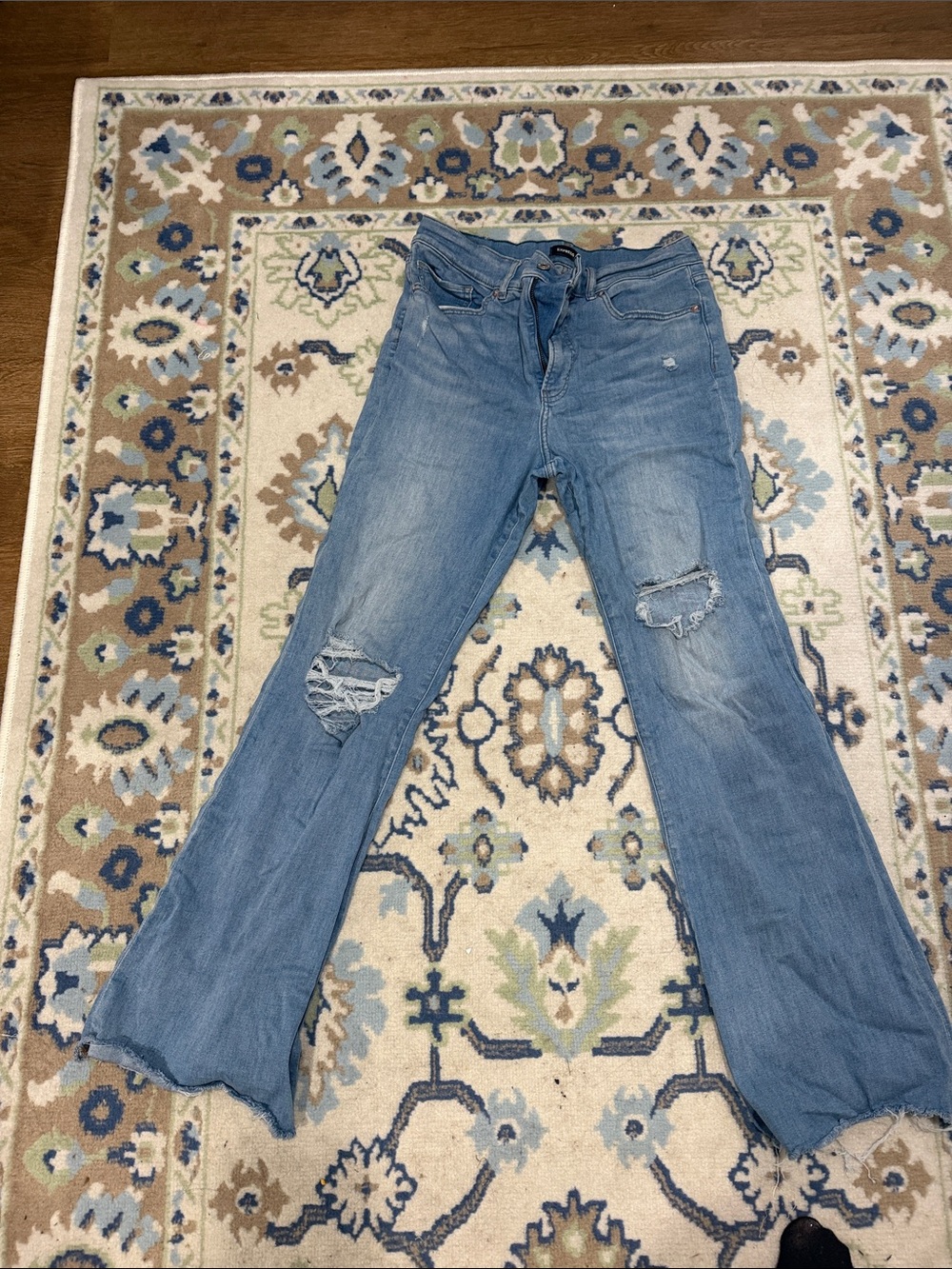 Express Women's Light Blue Flare Jeans with Knee Distressing